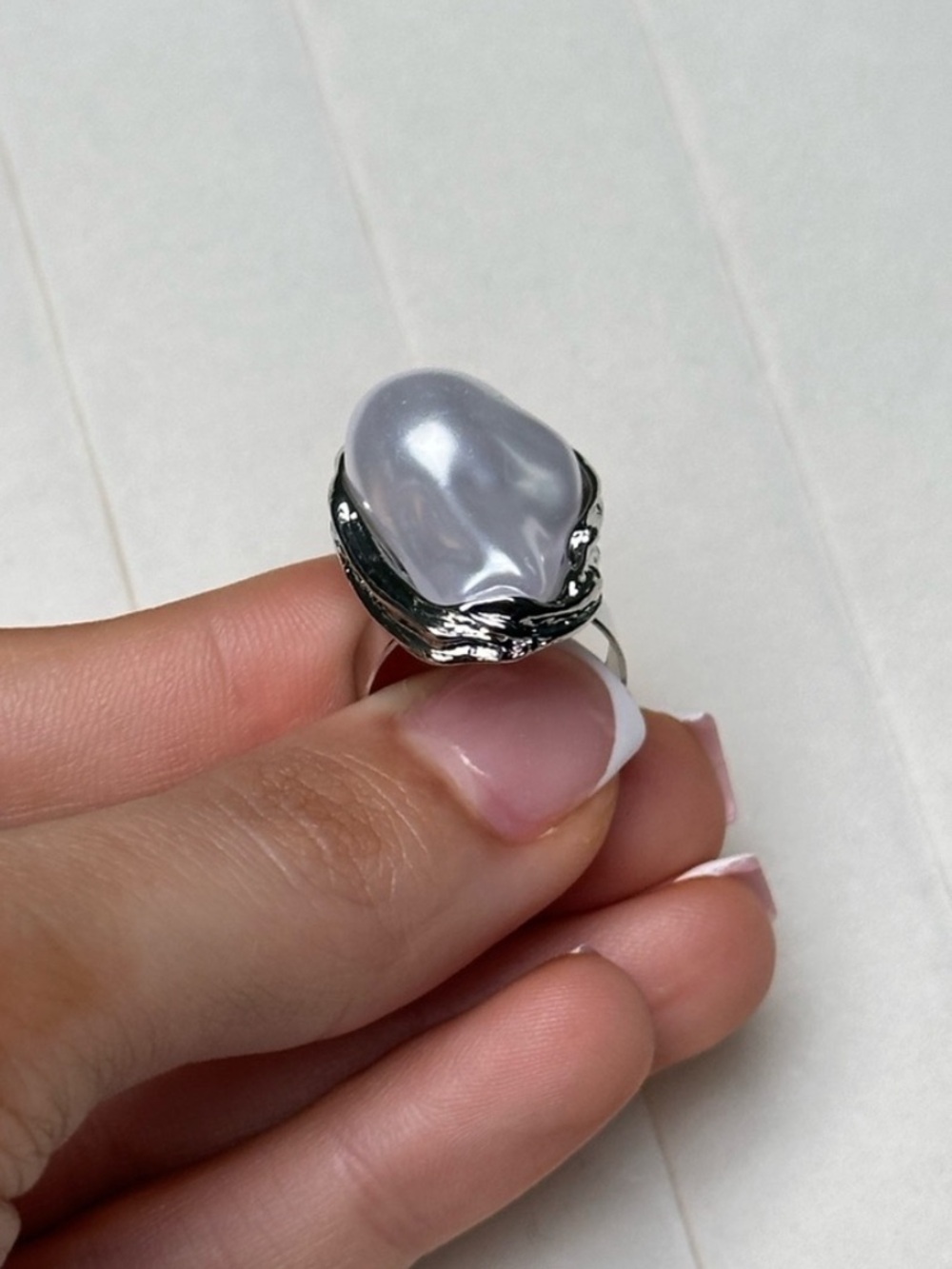 Silver Pearl Statement Ring - White - Picture 5 of 5